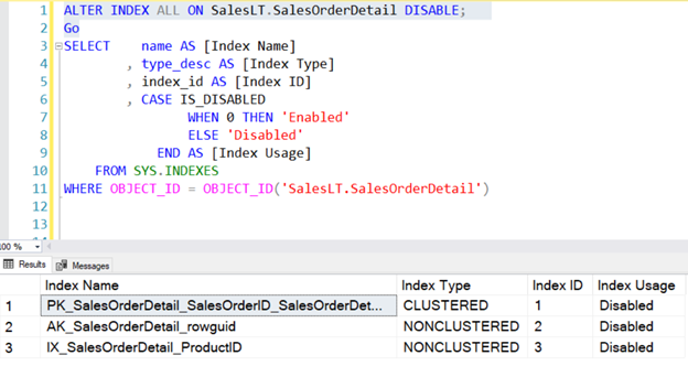 Disable all SQL Server indexes on a table