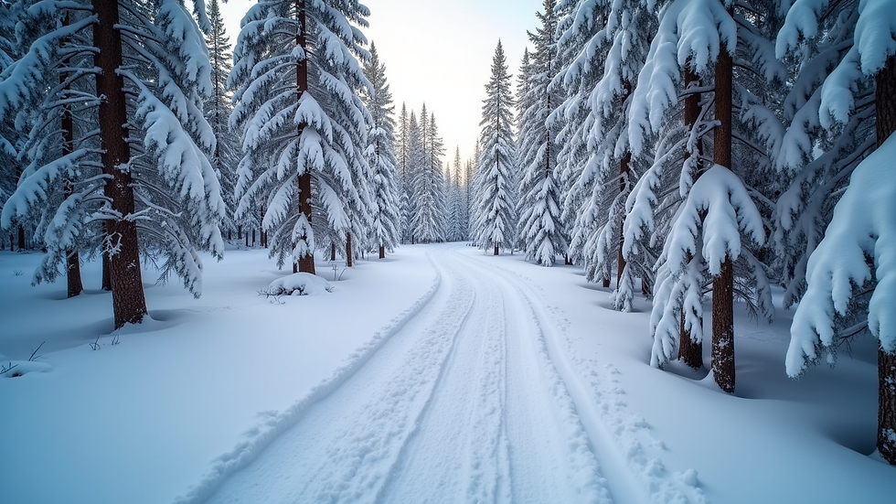 High angle view of snow-covered pine trees and a snowmobile trail in South Lake Tahoe