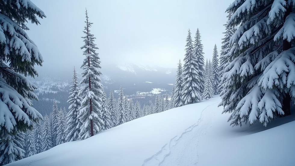 Eye-level view of snow-covered pine trees and ski slopes in Lake Tahoe