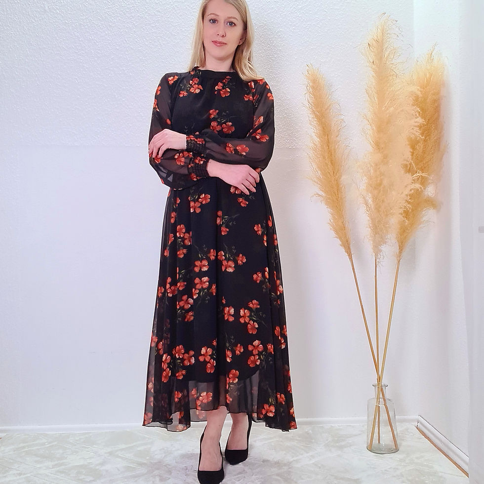 Miniaturbild: Chiffonkleid schwarz mit braune Blumen