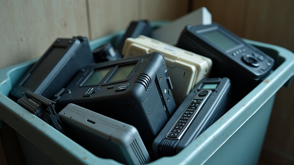 Close-up view of a recycling bin filled with old IT equipment