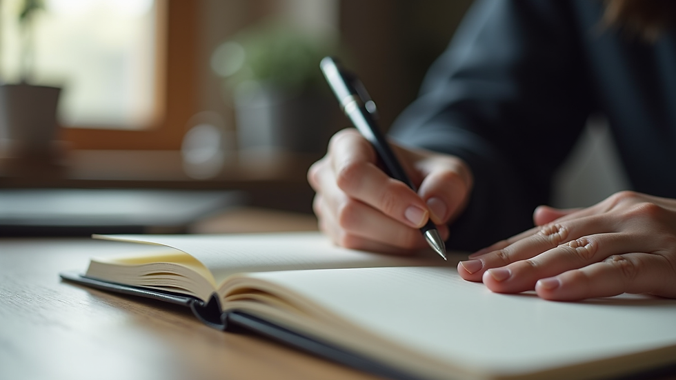 Close-up view of a person writing in a journal with a pen and notebook