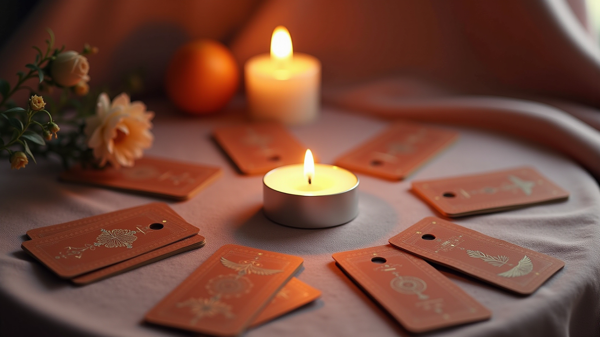 A candle burning inside a tarot card spread.