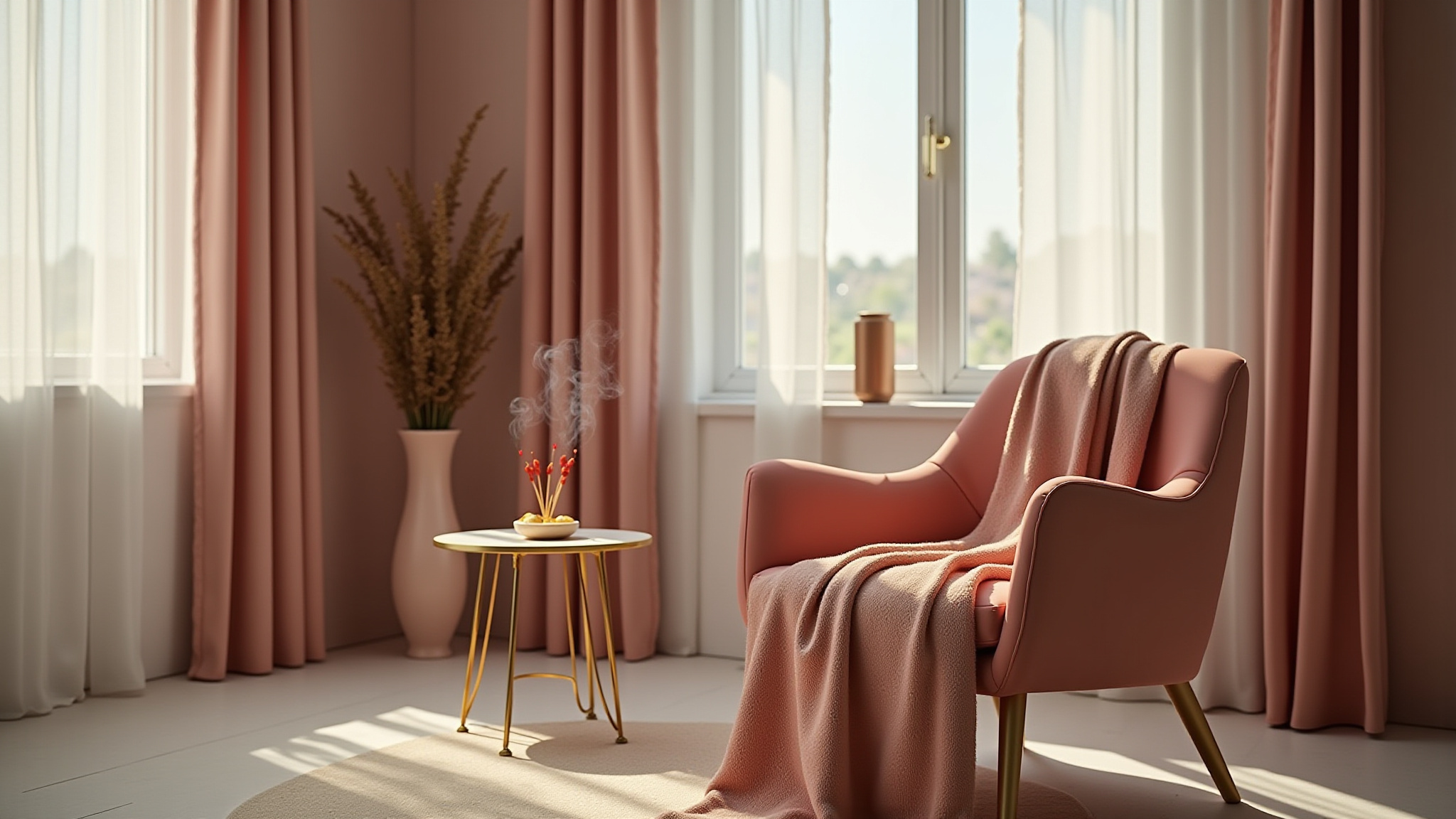 A plush pink room with a chair, a blanket is placed over the chair. Next to the chair is a table with burning incense sticks.