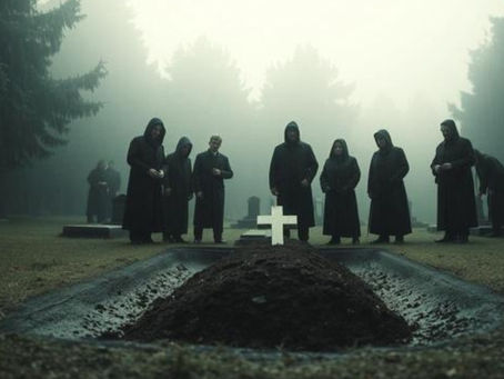 A group of mourners standing around a freshly filled-in grave in a wet, foggy graveyard.