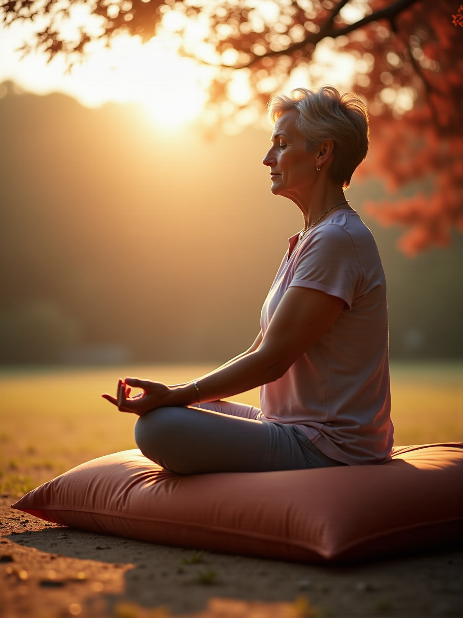 An older woman meditating in nature, facing to the left, with the sun behind her.