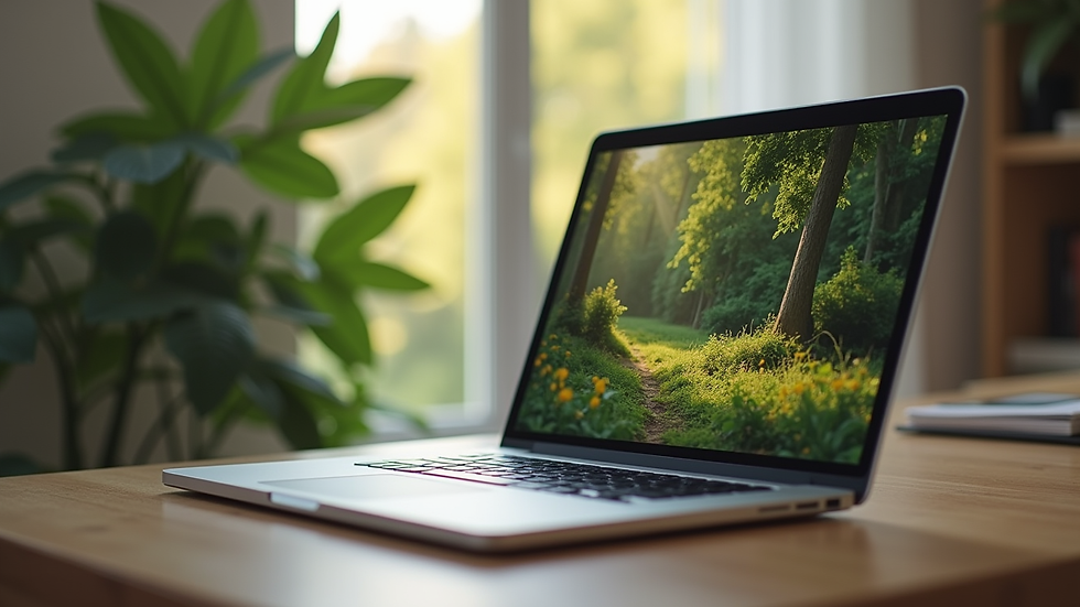 Close-up view of a laptop screen showing a calming nature scene during an online therapy session