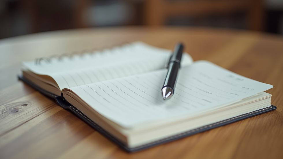 Close-up view of a notebook and pen on a wooden table, ready for journaling