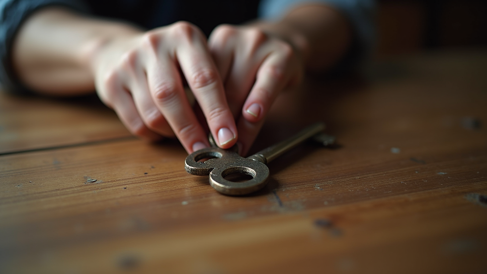 Close-up view of a person’s hand holding a vintage key on a wooden table