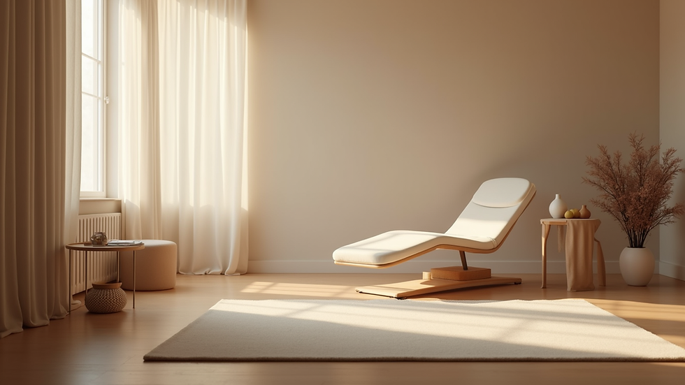 Eye-level view of a calm therapy room with a reclining chair and soft lighting
