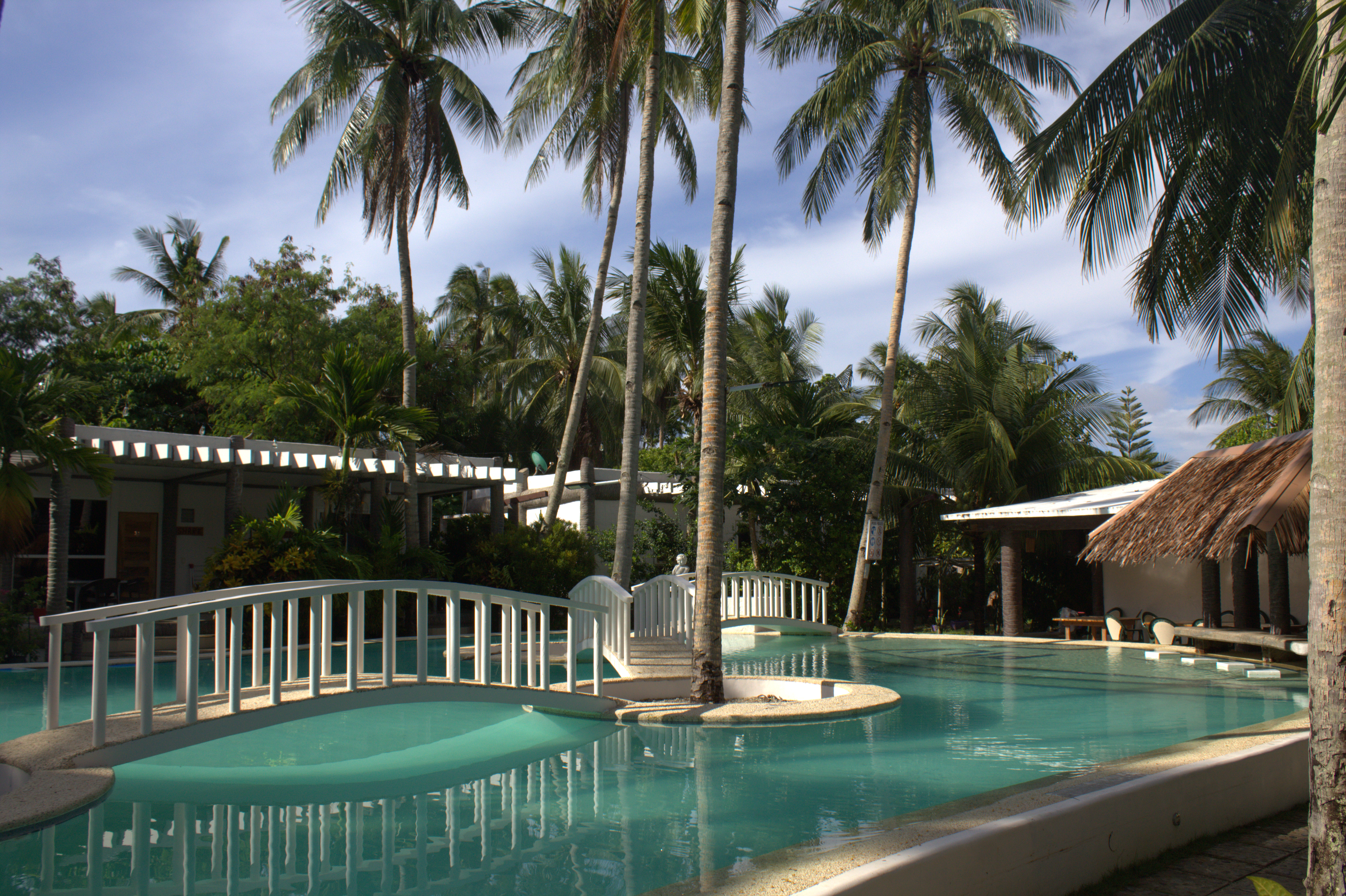 Saltwater pool with bridge and palms at Pili Beach Resort