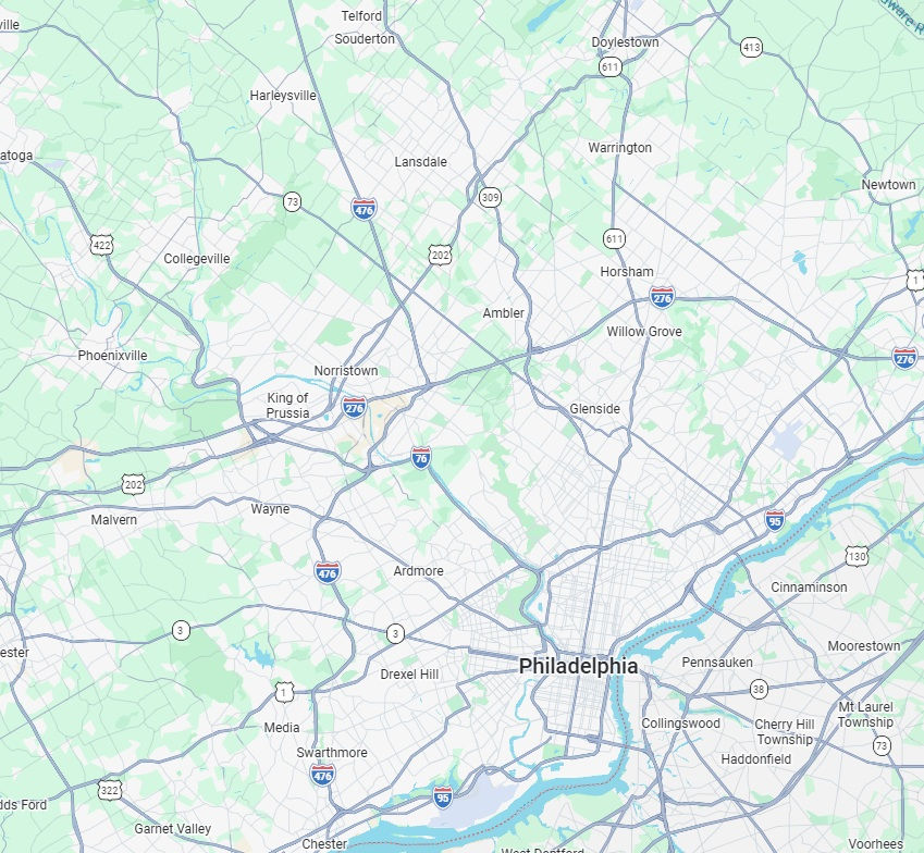 Map showing DaniClean's professional residential cleaning service areas in Philadelphia and surrounding suburbs.