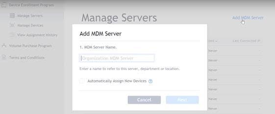 mCloud Apple Device Enrollment add Servers