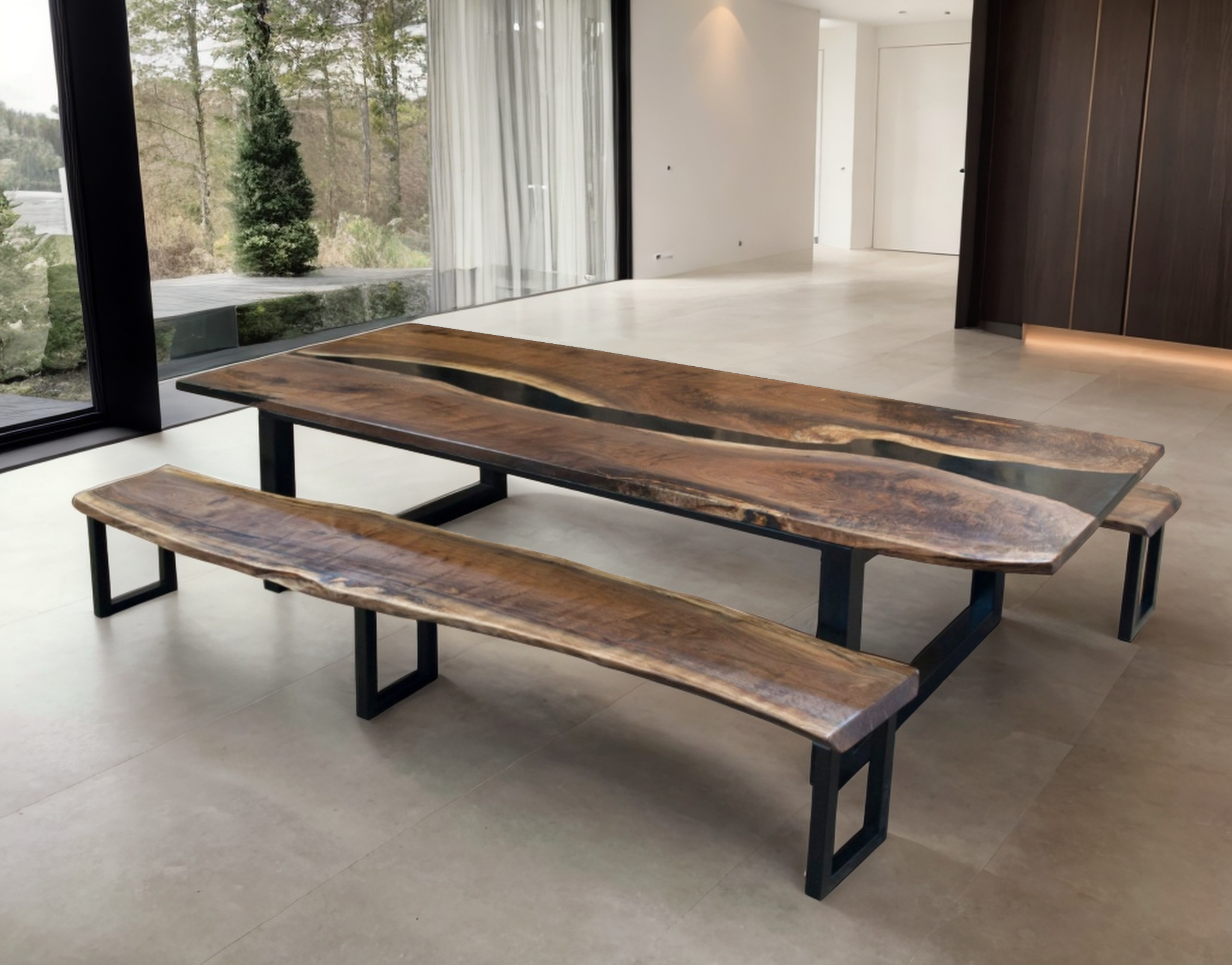 Walnut and Epoxy River table with benches