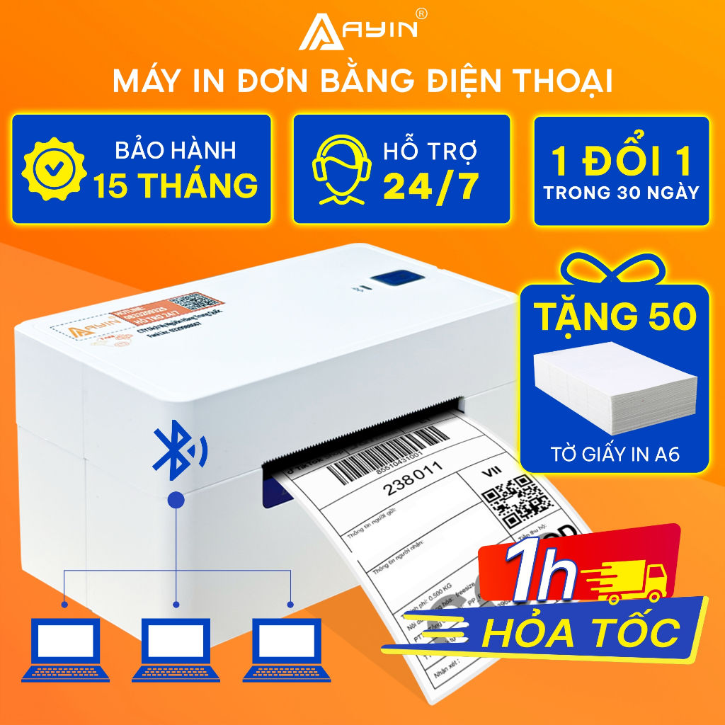 Máy in nhiệt AYIN in đơn hàng, mã vận đơn, mã vạch, phiếu gửi hàng, logo có sẵn