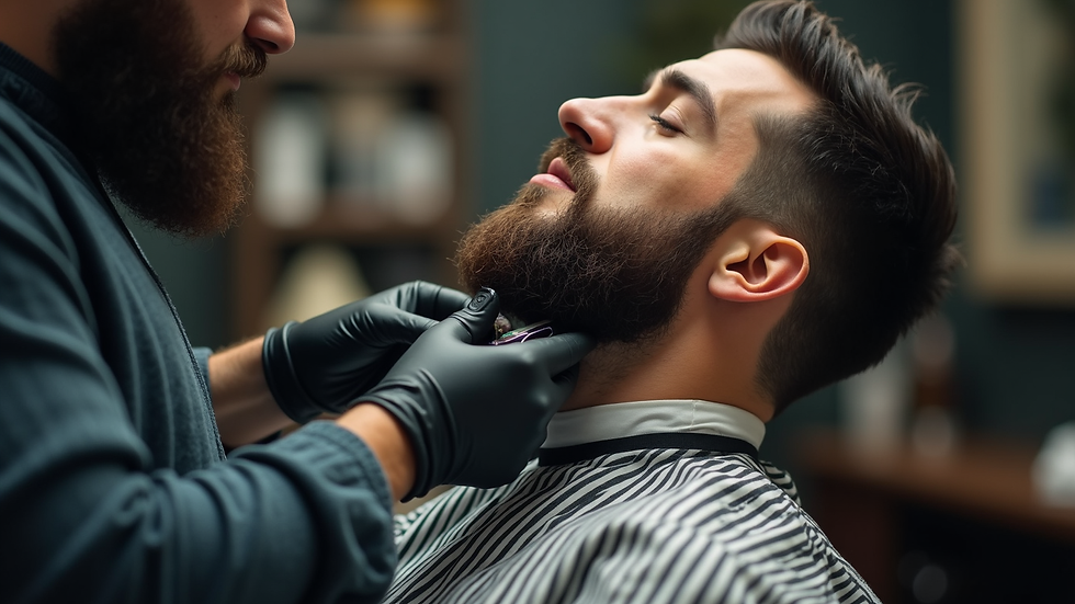 Eye-level view of a barber shaping a beard fade with clippers