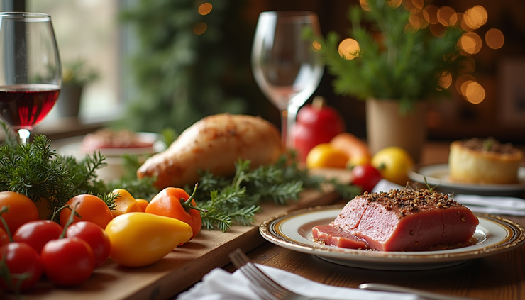 Eye-level view of a festive holiday table with healthy food options and balanced portions