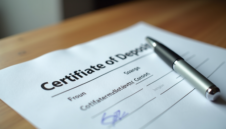 Close-up view of a Certificate of Deposit document with a pen on a wooden table