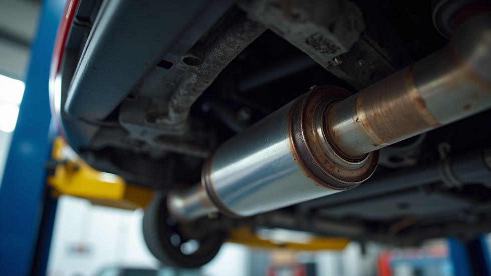 Close-up view of a muffler and exhaust pipe being replaced in a garage