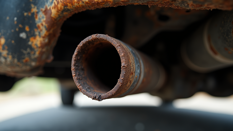 Close-up view of rusted and damaged car exhaust pipe underneath a vehicle