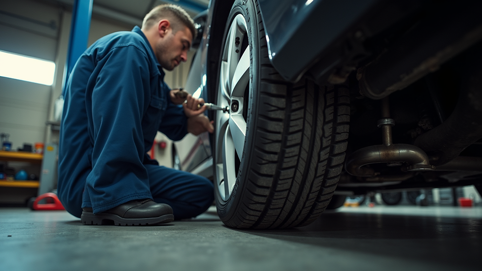 Eye-level view of a mechanic working on a car’s exhaust manifold in a garage