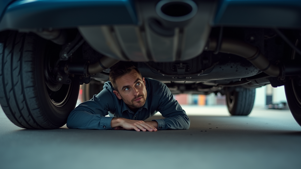 Eye-level view of a mechanic inspecting a car exhaust system