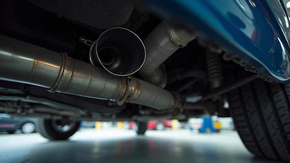 Eye-level view of a car mechanic inspecting an exhaust system under a vehicle