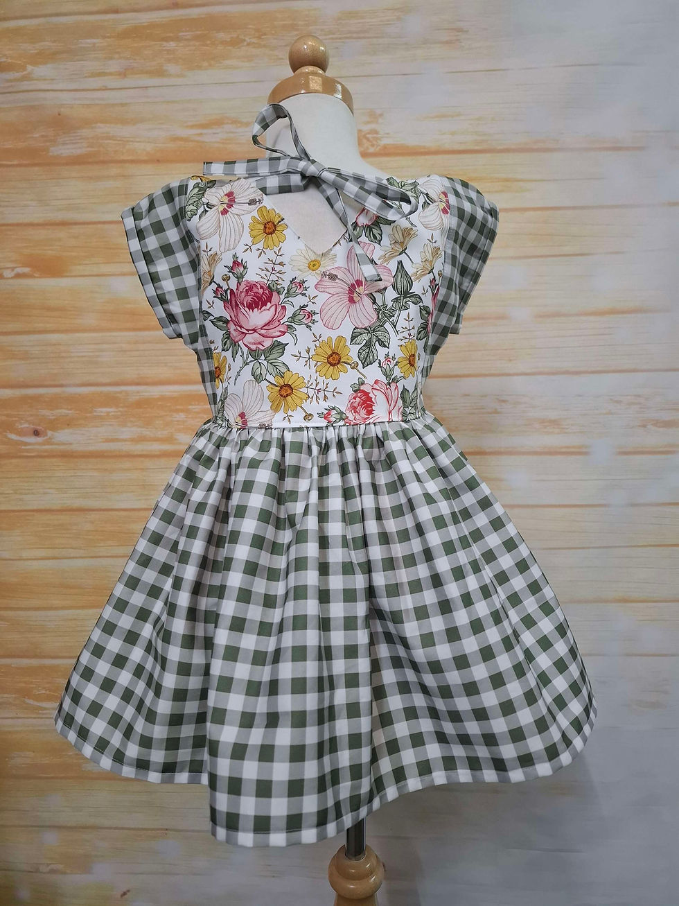 Thumbnail: Willow Dress Sage Gingham with Floral Size 4