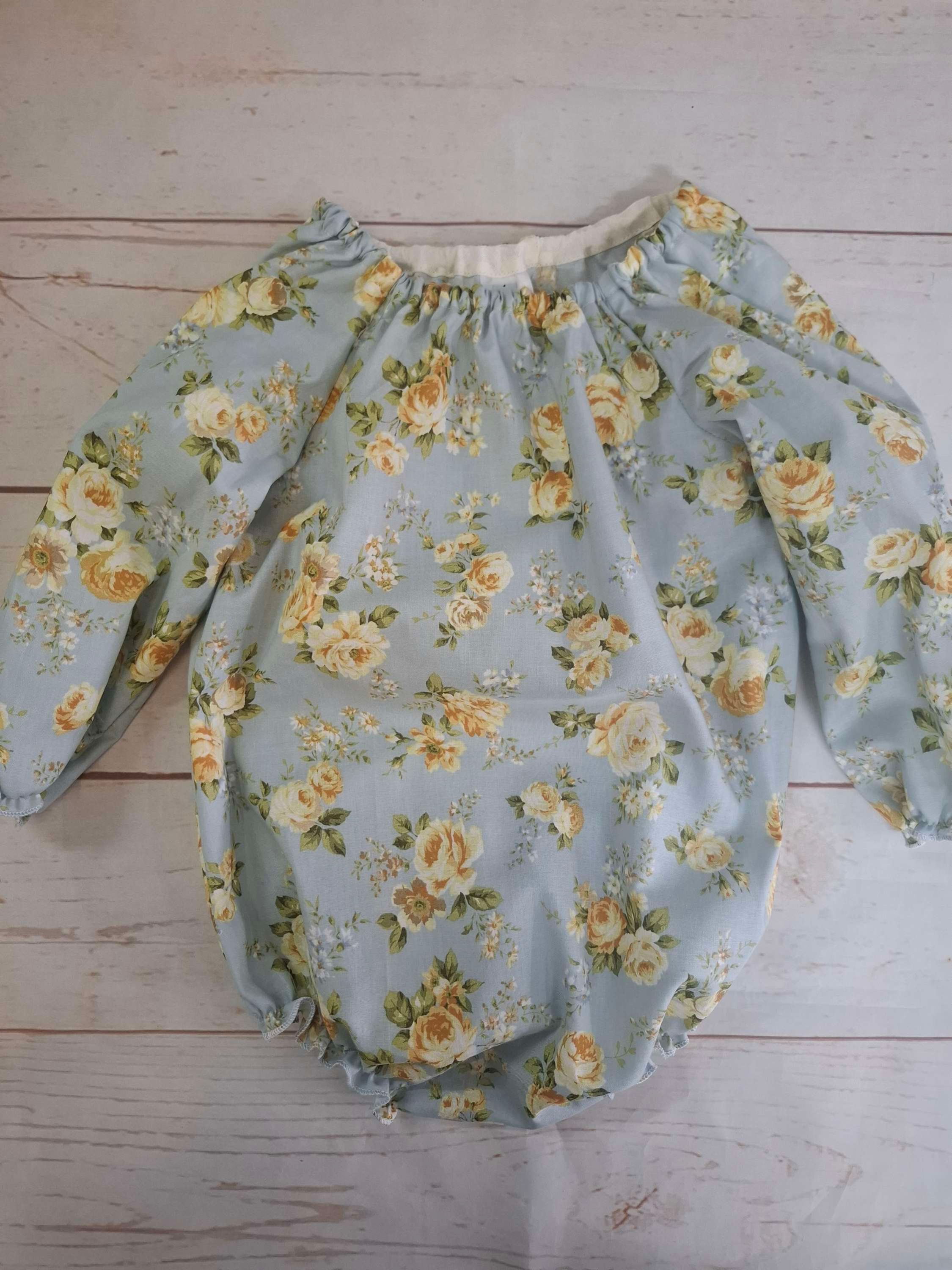 Antique Blue with Yellow Roses Long Sleeve Playsuit  Size 1