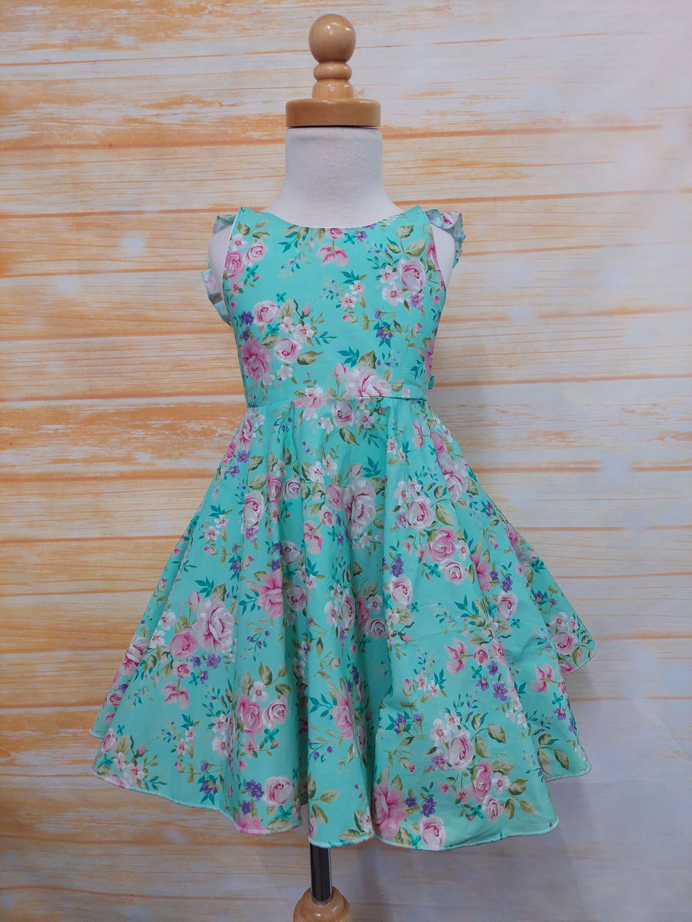 Flora Dress Mint with Pink Roses Size 3