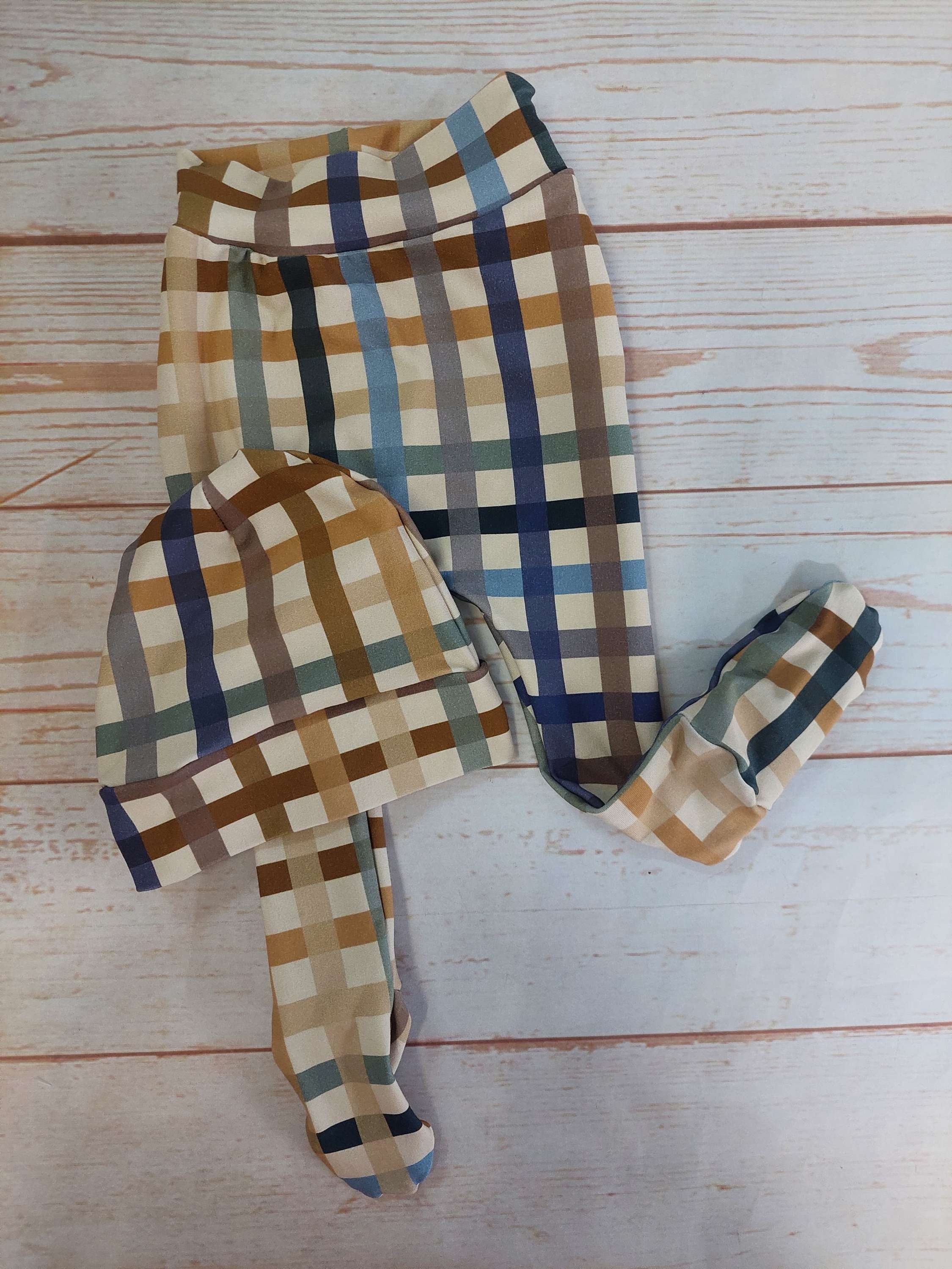 Footed Tights and Beanie Set Brown and Blue Plaid  Size 0