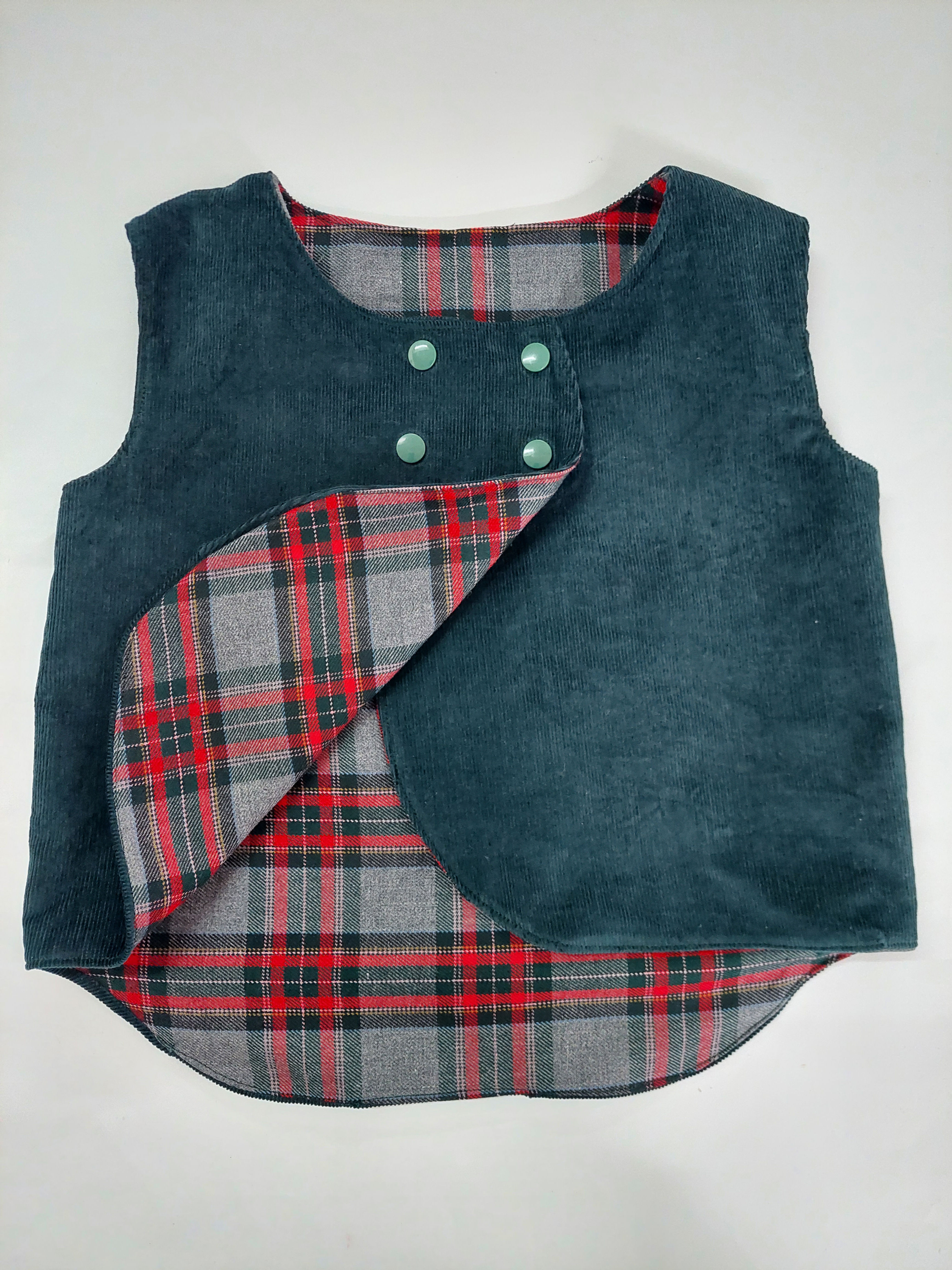 Bobbie Vest Bottle Green Corduroy with Tartan Size 3