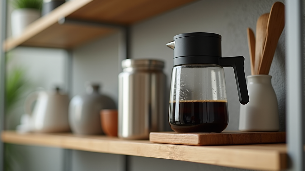 Close-up view of an airtight coffee container on a kitchen shelf