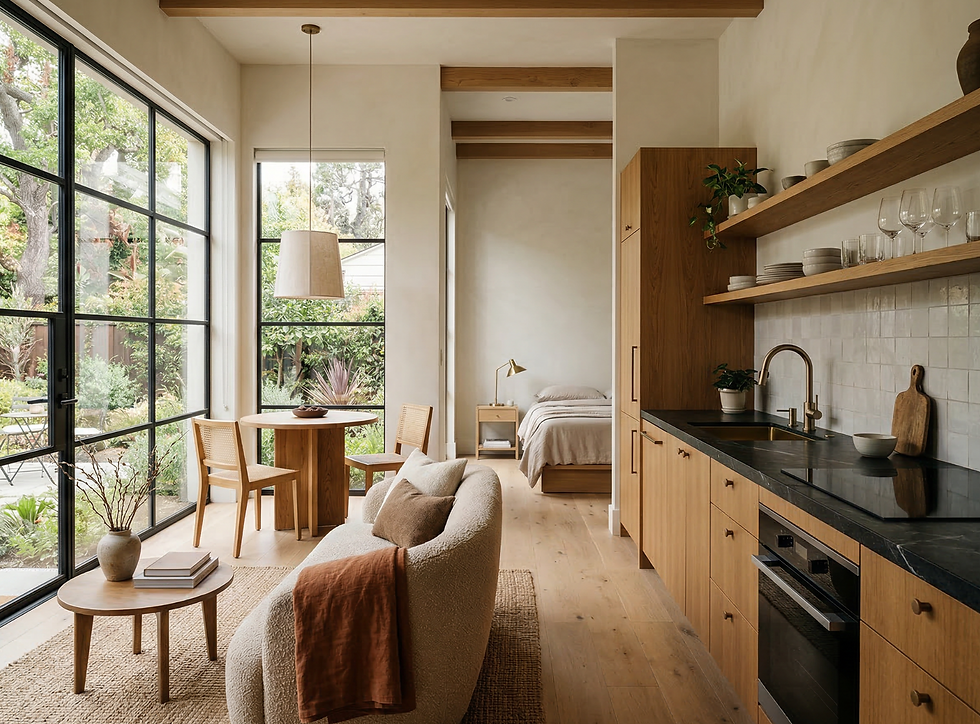 Small modern ADU interior with kitchenette, living area, dining table, and bedroom in open floor plan.