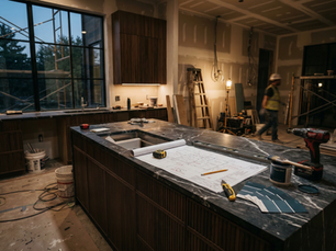 Modern kitchen under construction with large island, marble countertop, construction tools, blueprints, and unfinished drywall.
