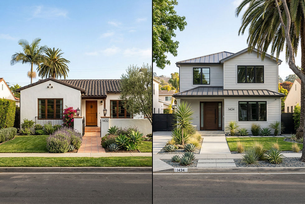 Side-by-side comparison of a California home with traditional white stucco siding on the left and a home with modern light gray vinyl siding on the right, both with clean landscaping.