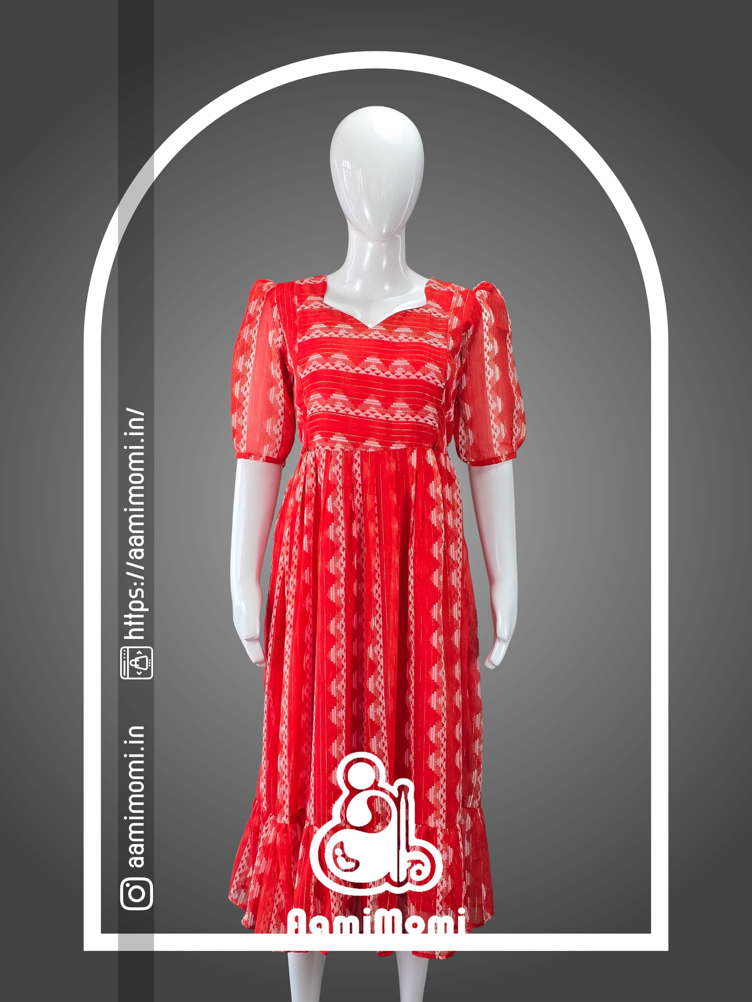 Red Geometric Grace - Zipped Maternity Maxi