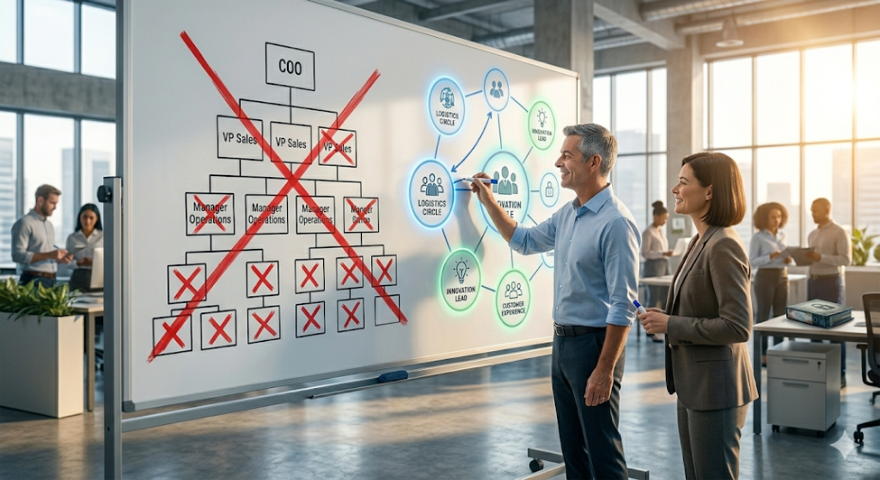 A wide, bright, modern workspace. Alex and Alexis stand before a massive, complex whiteboard. The left side of the board shows a rigid, traditional pyramid org chart, heavily crossed out with red marker. The right side shows a dynamic network of interconnected circles, glowing with soft blue and green light. Alex is drawing a line connecting two circles, looking engaged and energized, a stark contrast to his rigid posture in previous series.