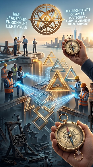 The 'Architecture of Avoidance' (the guillotine) has been completely dismantled and removed, its footprint erased. What remains is a mature, collaborative structure, illuminated by internal purpose. The diverse team now works unified, and the floating L.I.F.E. cycle (Enrichment) is fully realized. The completed system proves that 'Freedom From' dysfunction enables the 'Freedom For' excellence.