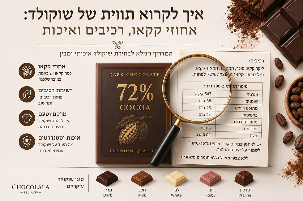 איור של טבלת שוקולד מריר לצד זכוכית מגדלת הבוחנת תווית רכיבים וערכים תזונתיים, עם פולי קקאו ושוקולד ברקע. האיור ממחיש כיצד לקרוא תווית של שוקולד, להבין את אחוזי הקקאו ולבחור שוקולד איכותי.