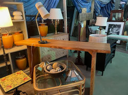 Live edge side table, bamboo or rattan side table and misc lamps