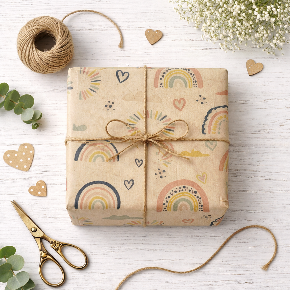 Thumbnail: hearts and rainbows kids eco wrapping paper. recyclable wrapping paper.