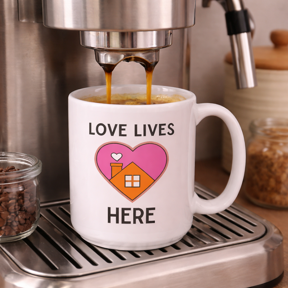 Thumbnail: love lives here mug. heart shape around house. white mug.