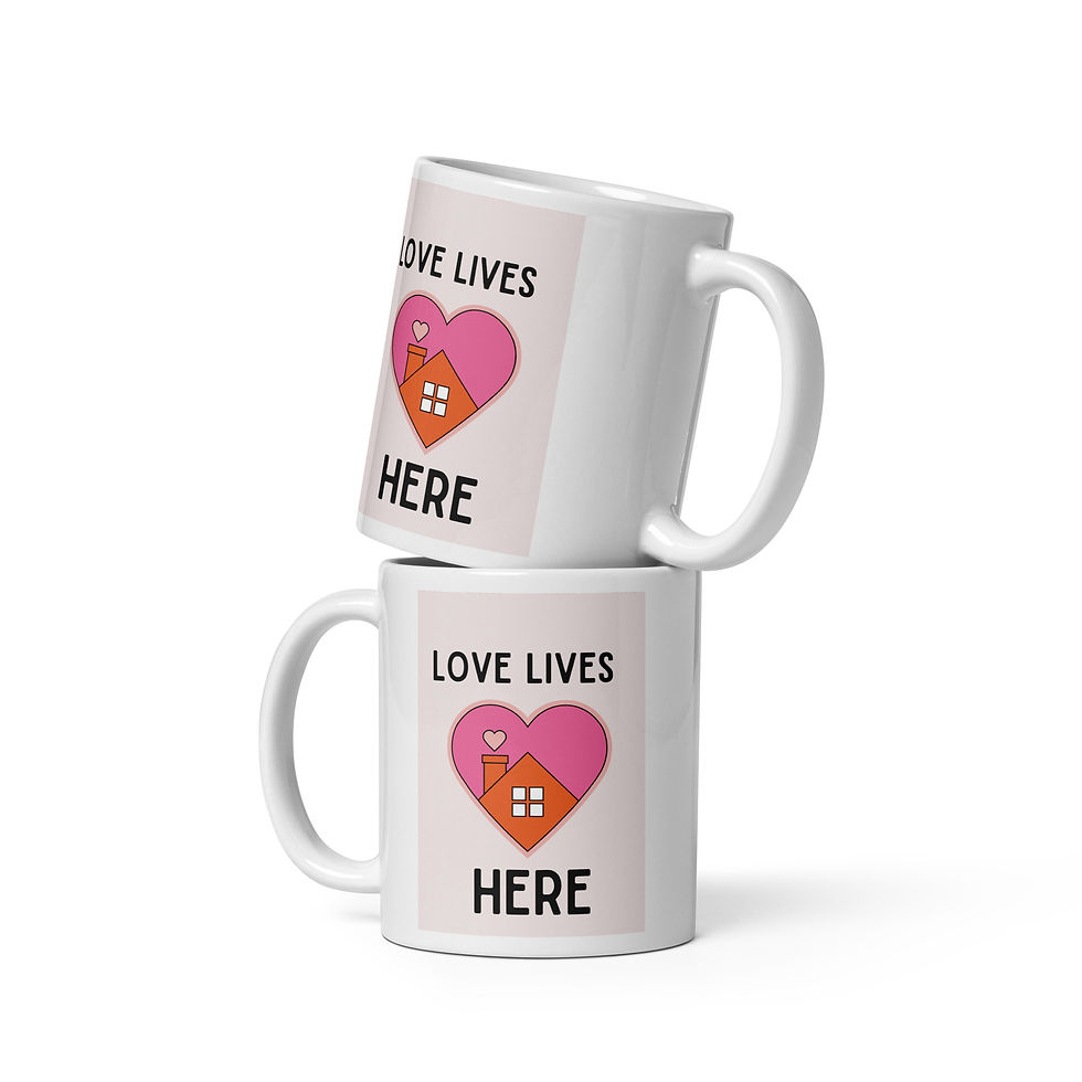 love lives here mug. heart shape around house. white mug.