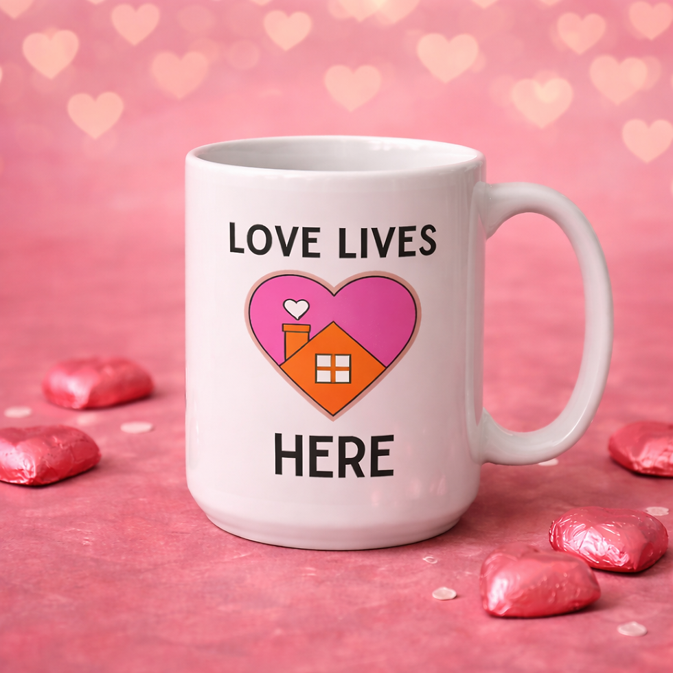 love lives here mug. heart shape around house. white mug.