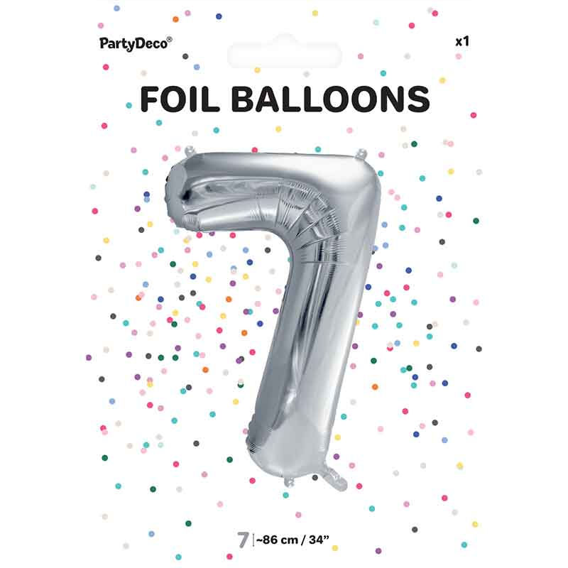 Silver Helium Foil Number 7  Balloon - Number Birthday Balloons 86cm (34").Inflated with balloon pump kit & wall hanging kit