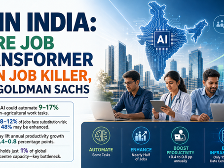 Gen-AI could automate 9–17% of non-agricultural work tasks, with only 8–12% of jobs facing substitution risk. Up to 48% of jobs may be enhanced by AI, potentially boosting annual productivity growth by 0.4–0.8 percentage points. However, India's data center capacity, at just 1% of the global total, presents a significant bottleneck.