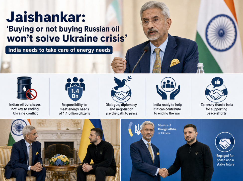 India's oil purchases from Russia aren't crucial to resolving the Ukraine conflict, said Jaishankar, emphasizing India's duty to meet its energy needs. Advocating for dialogue and negotiation, India aims for peace and is open to assisting in ending the war. Ukrainian President Zelensky expressed gratitude for India's support in peace efforts.