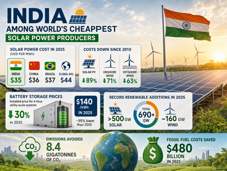 India's solar power cost is projected at $35/MWh in 2025, lower than China and Brazil. The global average remains at $44/MWh. Solar PV costs have plummeted 89% since 2010. Battery storage prices decreased nearly 30% in 2025, reaching $140/kWh. Renewables prevented 8.4 gigatonnes of CO₂ emissions and saved $480 billion in 2025.