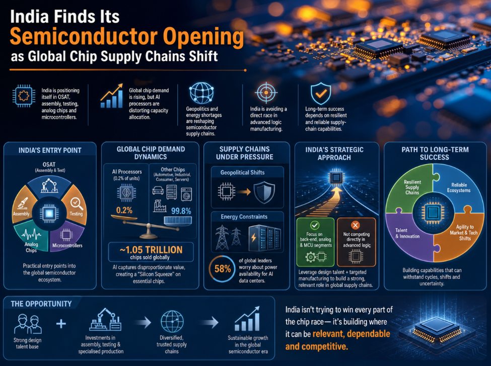 India is strategically focusing on OSAT, assembly, testing, analog chips, and microcontrollers amidst rising global chip demand, which AI processors are impacting. Geopolitical tensions and energy shortages are reshaping semiconductor supply chains. By avoiding direct competition in advanced logic manufacturing, India's long-term success hinges on developing resilient and reliable supply-chain capabilities.